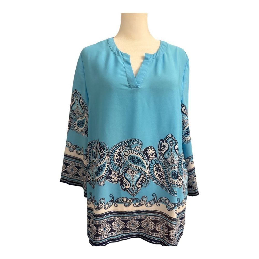 Active Seller! Cynthia Rowley Blue Paisley Tunic Blouse Women’s M Silky Top